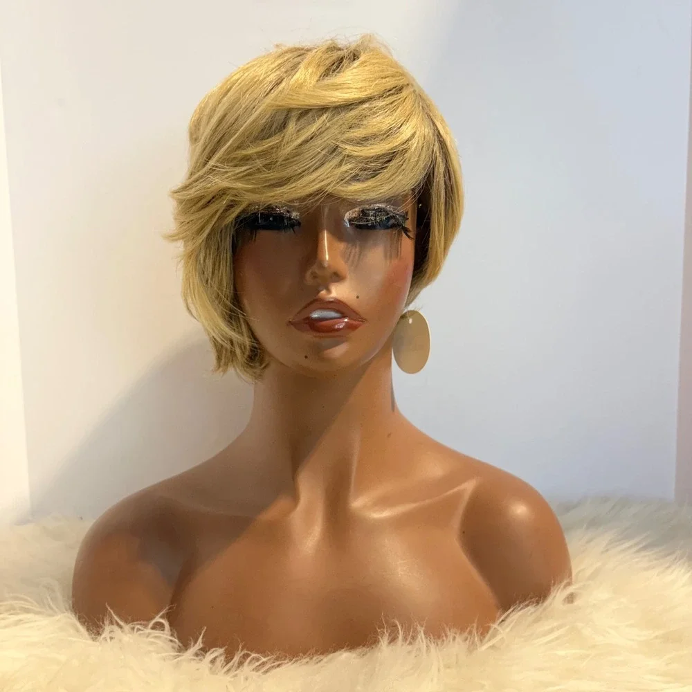 Womens Blonde Short Pixie Cut Bob Wig Side Swept Bangs Layered Hairpiece